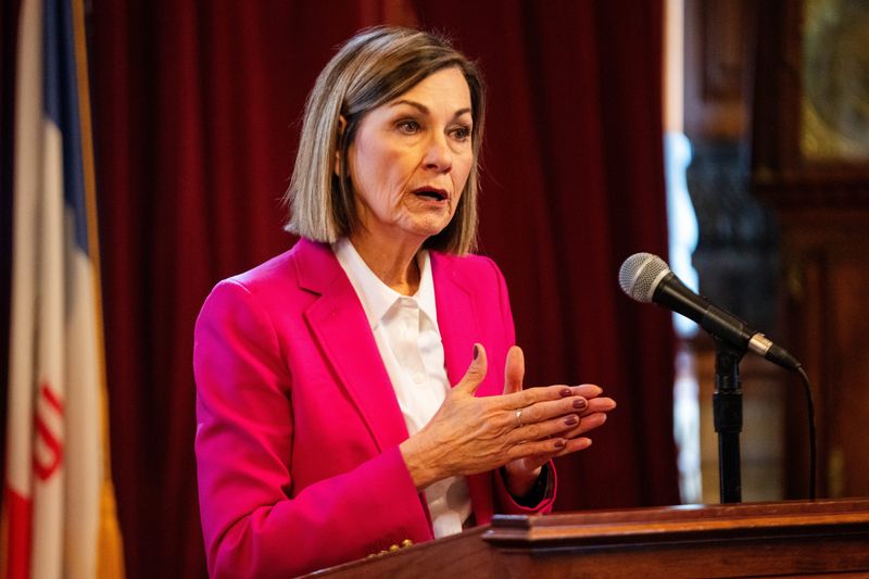 Gov. Kim Reynolds takes questions from the press on Feb. 26, 2026, at the Iowa State Capitol.