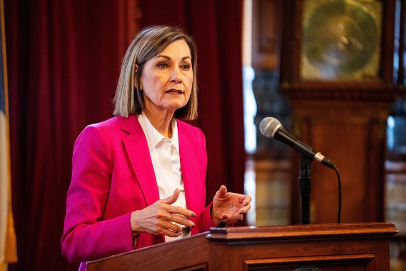Gov. Kim Reynolds takes questions from the press on Feb. 26, 2026, at the Iowa State Capitol.