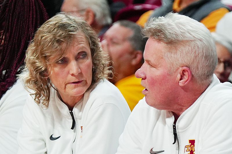 Iowa State women’s basketball associate head coach Jodi Steyer and Iowa State Cyclones' women's basketball head coach Bill Fennelly discus during Iowa State and UCF women basketball at Hilton Coliseum on January 31, 2026, in Ames, Iowa.
