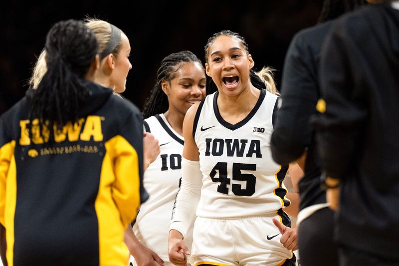 Iowa forward Hannah Stuelke (45) reacts during a basketball game against the Illinois Fighting Illini Feb. 26, 2026 at Carver-Hawkeye Arena in Iowa City, Iowa.