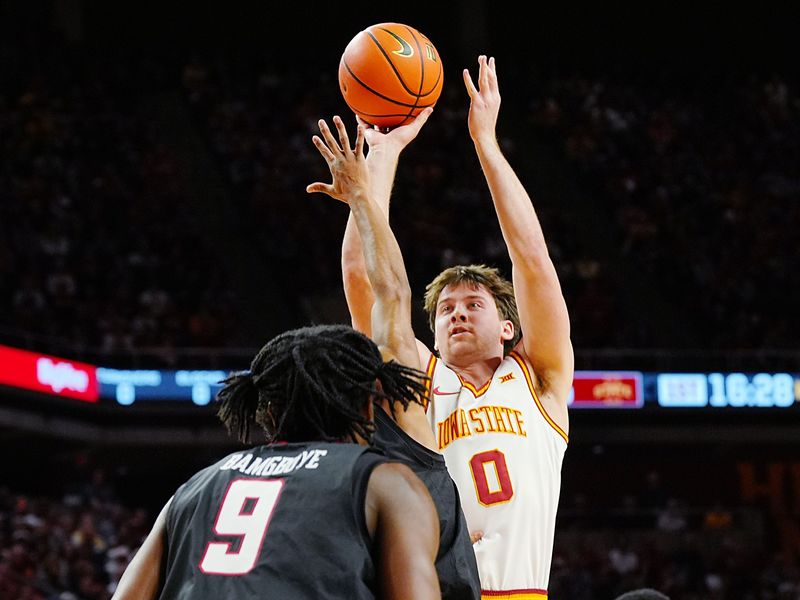 Iowa State Cyclones guard Nate Heise (0) shoots the ball against Texas Tech during the second half in the Big-12 conference men’s basketball against Texas Tech on Feb. 28, 2026, at Hilton Coliseum in Ames, Iowa.
