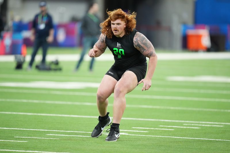 Mar 1, 2026; Indianapolis, IN, USA; Iowa offensive lineman Gennings Dunker (OL20) during the NFL Scouting Combine at Lucas Oil Stadium. Mandatory Credit: Kirby Lee-Imagn Images