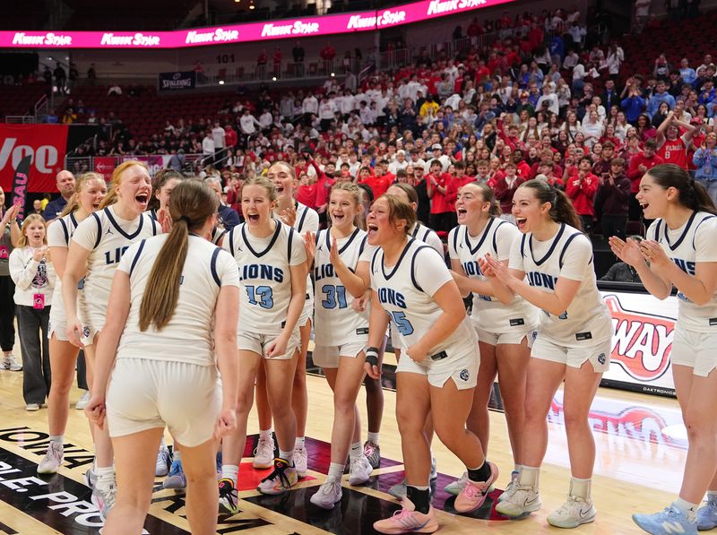 Des Moines Christian celebrates a win over Forest City in the quarterfinals of the Iowa girls basketball state tournament, March 3, 2026.