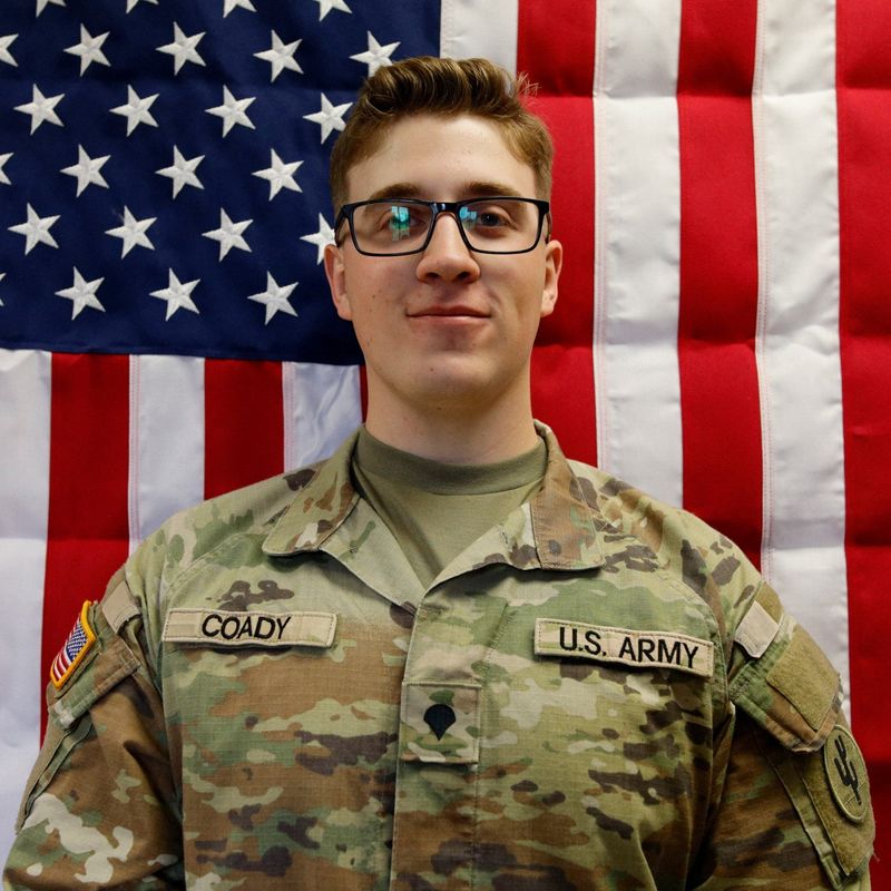 U.S. Army Reserve Sgt. Declan Coady, 20, of Des Moines, Iowa, poses in an undated photograph in his uniform. Coady was killed March 1, 2026, at the Port of Shuaiba, Kuwait, during a drone attack.