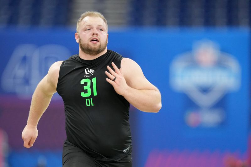 Mar 1, 2026; Indianapolis, IN, USA; Iowa offensive lineman Logan Jones (OL31) during the NFL Scouting Combine at Lucas Oil Stadium. Mandatory Credit: Kirby Lee-Imagn Images