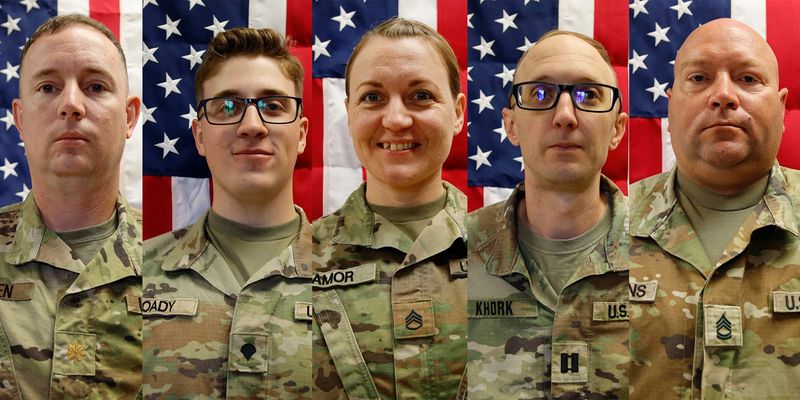 From left; Maj. Jeffrey O'Brien, Sgt. Declan Coady, Sgt. 1st Class Nicole Amor, Capt. Cody Khork and Sgt. 1st Class Noah Tietjens, five U.S. Army Reserve soldiers supporting Operation Epic Fury who were killed on March 1, 2026, in Kuwait at the Port of Shuaiba, during an unmanned aircraft system attack.