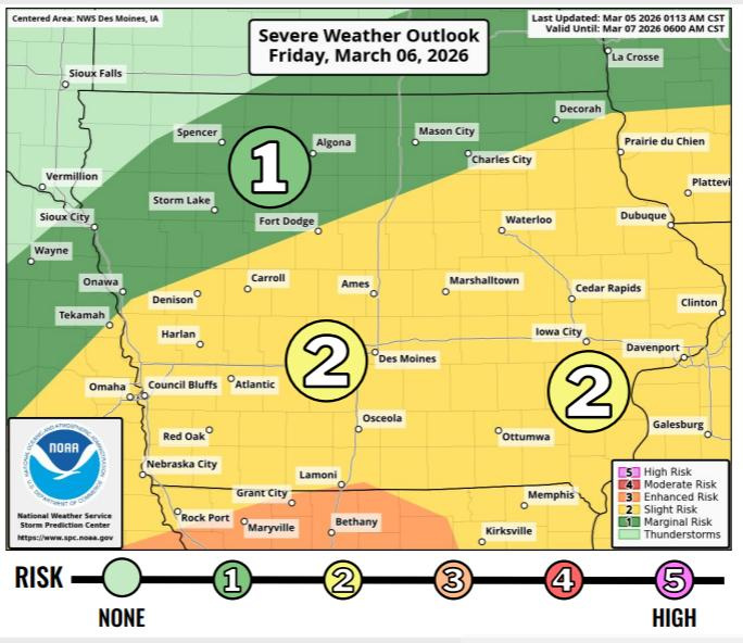 Severe weather outlook in Iowa for Friday, March 6, 2026.