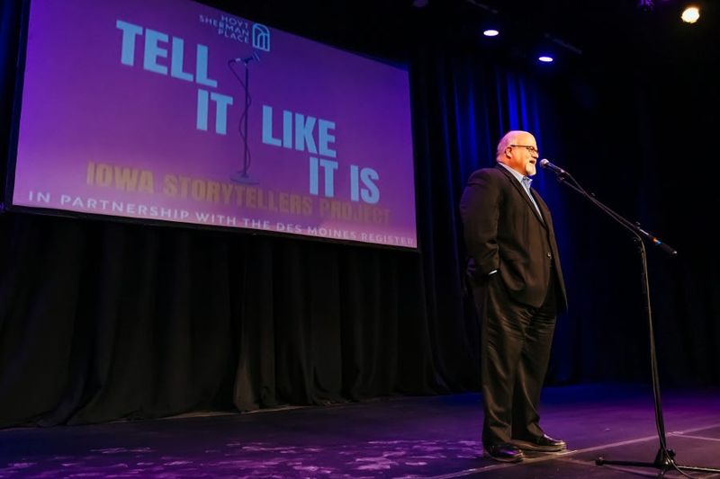 Greg Neal presents as part of Tell It Like It Is: Iowa Storytellers Project, funded by the Hoyt Sherman Place Foundation in partnership with the Des Moines Register, on Feb. 10, 2026.