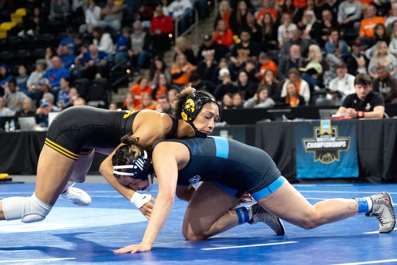 Iowa’s Kennedy Blades wrestles Emmanuel’s Vida Beckel in a 160-pound match March 6, 2026 during the NCAA Women’s Wrestling Championships at Xtream Arena in Coralville, Iowa.