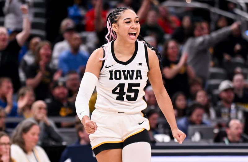 Mar 7, 2026; Indianapolis, IN, USA; Iowa Hawkeyes forward Hannah Stuelke (45) celebrates after a play against the Michigan Wolverines during the second half at Gainbridge Fieldhouse. Mandatory Credit: Robert Goddin-Imagn Images