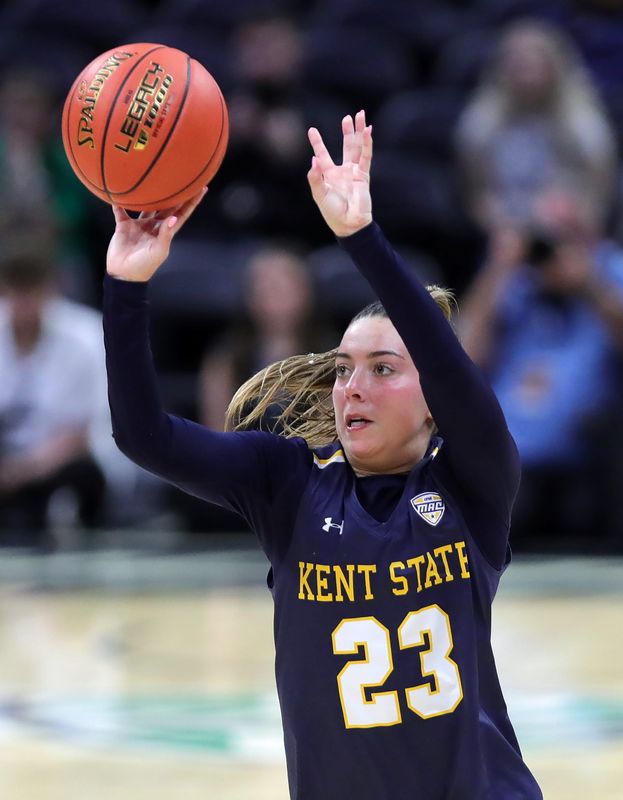 Kent State Golden Flashes guard Mya Babbitt (23) shoots during the first half of an NCAA college basketball game in the quarterfinals of the MAC Women’s Basketball Tournament at Rocket Arena, March 11, 2026, in Cleveland, Ohio.