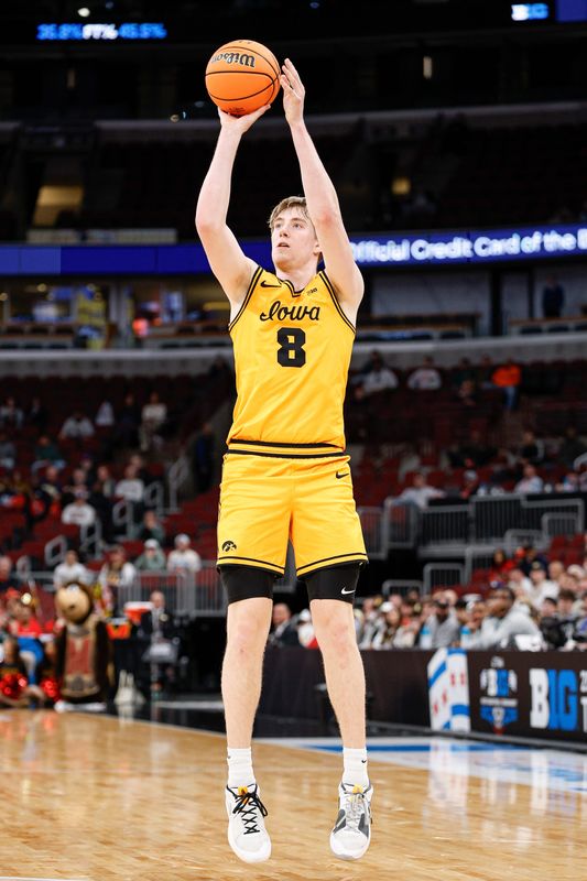 Mar 11, 2026; Chicago, IL, USA; Iowa Hawkeyes forward Cooper Koch (8) shoots against the Maryland Terrapins during the second half at United Center. Mandatory Credit: Kamil Krzaczynski-Imagn Images