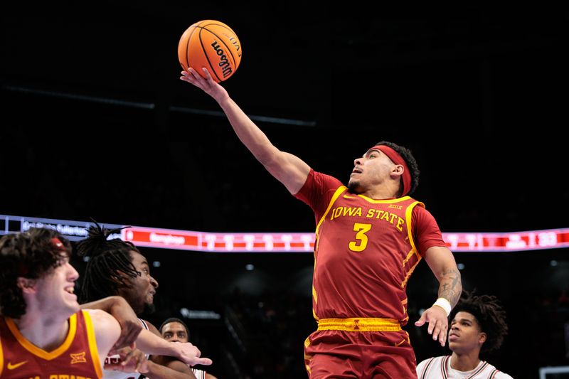 Mar 12, 2026; Kansas City, MO, USA; Iowa State Cyclones guard Tamin Lipsey (3) shoots the ball during the second half against the Texas Tech Red Raiders at T-Mobile Center. Mandatory Credit: William Purnell-Imagn Images