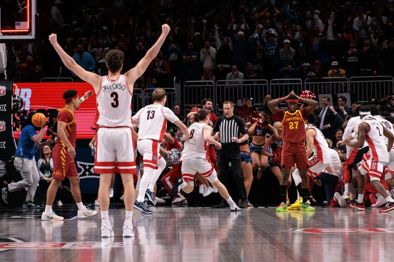 Mar 13, 2026; Kansas City; Arizona Wildcats guard Anthony Dell'orso (3) reacts at the end of the game against the Iowa State Cyclones at T-Mobile Center.