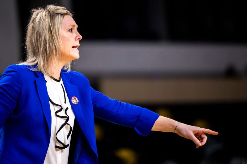 Drake head coach Allison Pohlman calls out instructions to players during the Missouri Valley Conference Women's Basketball Tournament against Illinois State, Friday, March 13, 2026, at Xtream Arena in Coralville, Iowa.