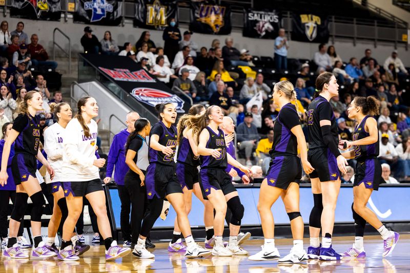 Northern Iowa Panthers players celebrate heading into a timeout during the Missouri Valley Conference Women's Basketball Tournament against Murray State, Saturday, March 14, 2026, at Xtream Arena in Coralville, Iowa.