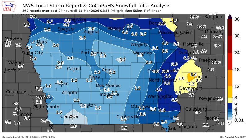 A blizzard brought up to 9 inches of snow to Iowa on Sunday, March 15, 2026.