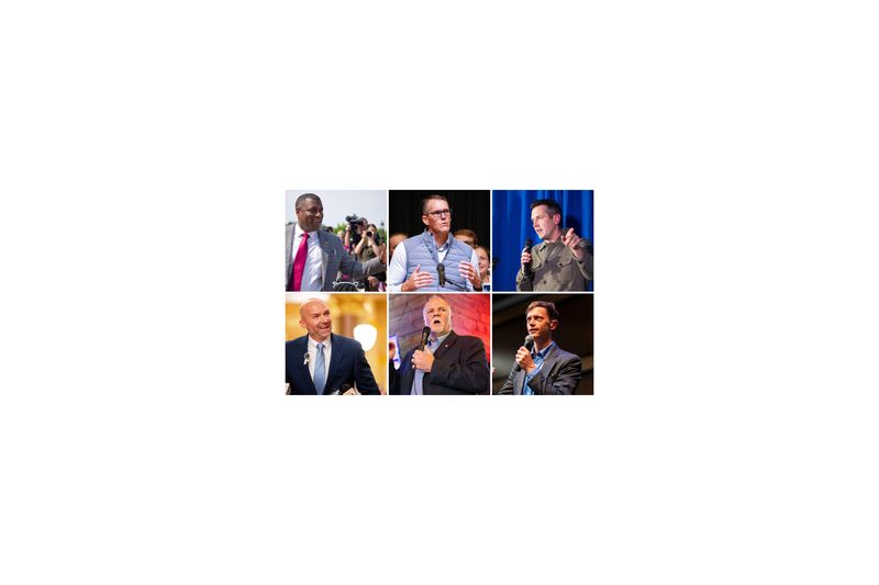 Candidates for Iowa governor are (clockwise from upper left) state Rep. Eddie Andrews, U.S. Rep. Randy Feenstra, Zach Lahn, state Auditor Rob Sand, Brad Sherman and Adam Steen.