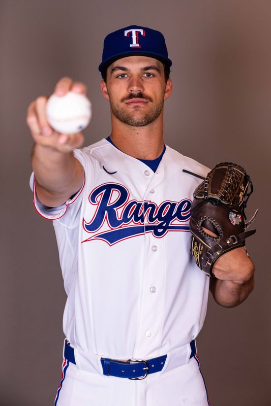 Feb 17, 2026; Surprise, AZ, USA; Texas Rangers pitcher Carter Baumler during media day at Surprise Sports Complex. Mandatory Credit: Arianna Grainey-Imagn Images