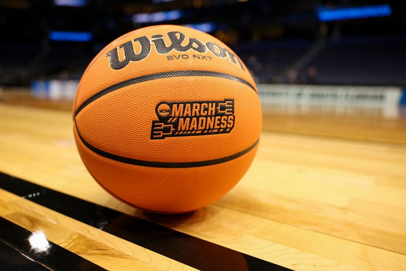Mar 19, 2026; Tampa, FL, USA; a view of Wilson game ball during practice sessions ahead of the first round of the men's 2026 NCAA Tournament at Benchmark International Arena. Mandatory Credit: Nathan Ray Seebeck-Imagn Images