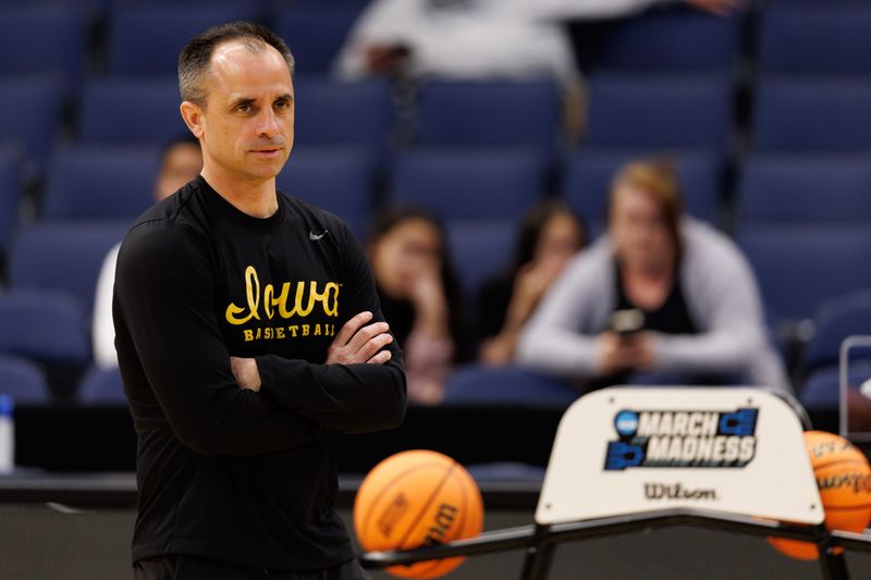Mar 19, 2026; Tampa, FL, USA; Iowa Hawkeyes head coach Ben McCollum looks on during a practice session ahead of the first round of the men's 2026 NCAA Tournament at Benchmark International Arena. Mandatory Credit: Matt Pendleton-Imagn Images