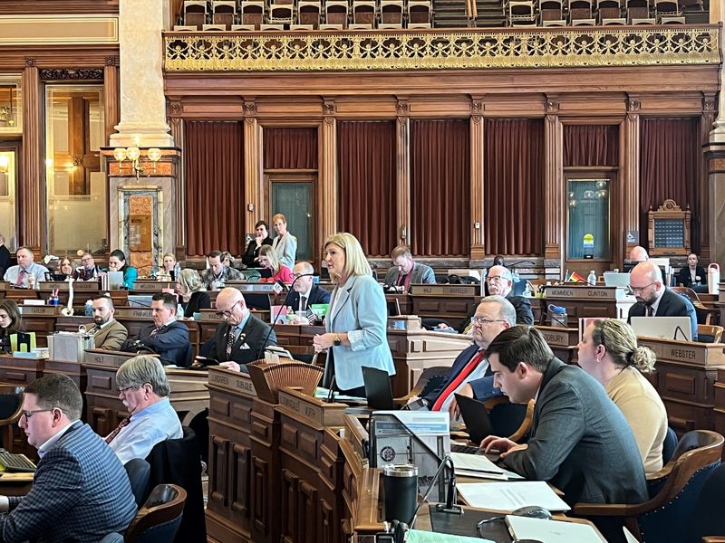 Rep. Shannon Lundgren, R-Peosta, speaks about House File 2739, a bill that would raise taxes on health insurance providers known as health maintenance organizations, on Thursday, March 19, 2026 in the Iowa House chamber.