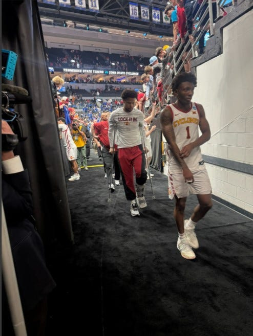 Iowa State's Joshua Jefferson heads toward the locker room on crutches after the Cyclones beat Tennessee State on March 20, 2026, in the NCAA Tournament in St. Louis.