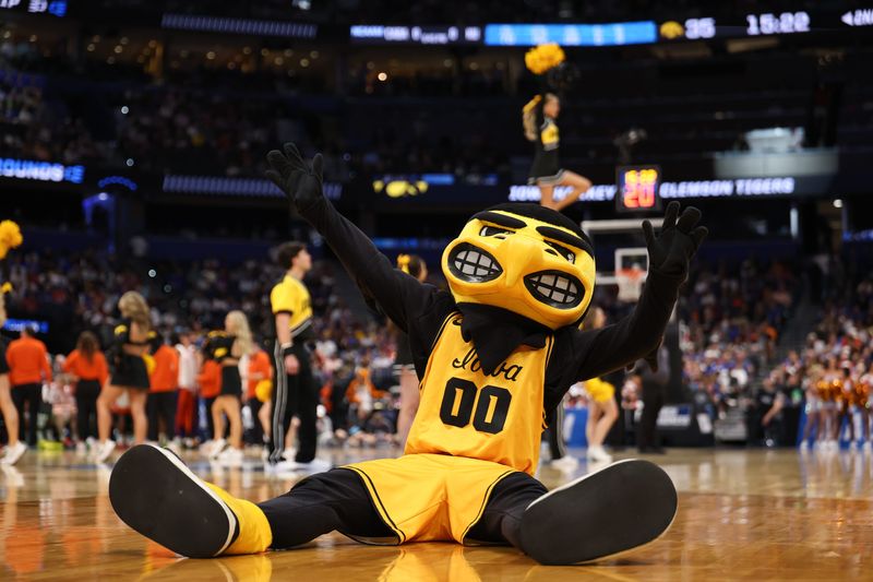 Mar 20, 2026; Tampa, FL, USA; Iowa Hawkeyes mascot Herky the Hawk reacts during the second half against the Clemson Tigers during a first round game of the men's 2026 NCAA Tournament at Benchmark International Arena. Mandatory Credit: Matt Pendleton-Imagn Images