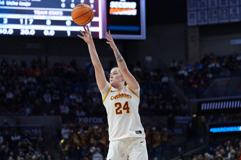 Mar 21, 2026; Storrs, CT, USA; Iowa State Cyclones forward Addy Brown (24) shoots the ball against the Syracuse Orange in the first half at Harry A. Gampel Pavilion. Mandatory Credit: David Butler II-Imagn Images