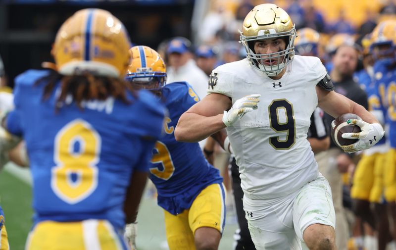 Nov 15, 2025; Pittsburgh, Pennsylvania, USA; Notre Dame Fighting Irish tight end Eli Raridon (9) runs after a catch against the Pittsburgh Panthers during the fourth quarter at Acrisure Stadium. Mandatory Credit: Charles LeClaire-Imagn Images