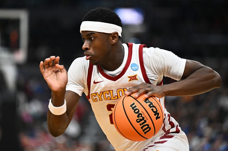 Mar 22, 2026; St. Louis, MO, USA; Iowa State Cyclones guard Killyan Toure (27) drives to the basket during the second half against the Kentucky Wildcats during a second round game of the men's 2026 NCAA Tournament at Enterprise Center.