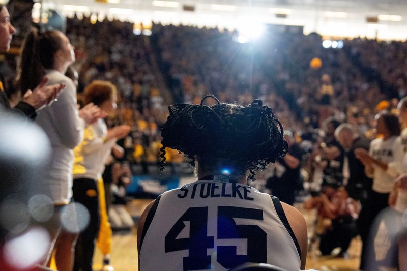 Iowa forward Hannah Stuelke (45) waits to be introduced in the starting lineup on March 23, 2026, before a Round of 32 NCAA March Madness game against the Virginia Cavaliers at Carver-Hawkeye Arena in Iowa City, Iowa.