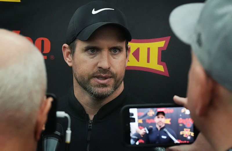 Iowa State football head coach Jimmy Rogers talks to media during NFL football pro-day at Bergstrom Football Complex on March 24, 2026, in Ames, Iowa.