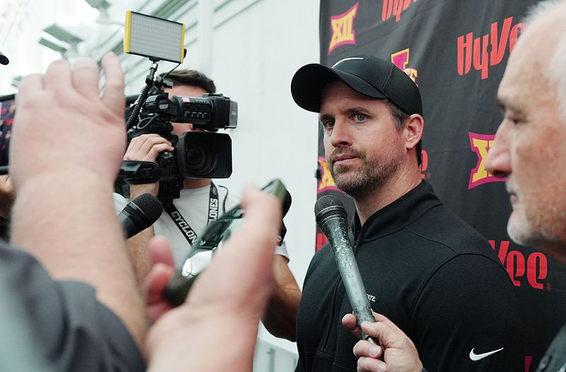 Iowa State football head coach Jimmy Rogers talks to media during NFL football pro-day at Bergstrom Football Complex on March 24, 2026, in Ames, Iowa.