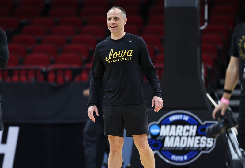 Mar 25, 2026; Houston, TX, USA; Iowa Hawkeyes head coach Ben McCollum during a practice session ahead of the south regional of the men's 2026 NCAA Tournament at Toyota Center. Mandatory Credit: Troy Taormina-Imagn Images