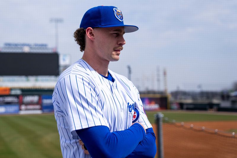 Cubs pitcher Jaxon Wiggins speaks with reporters during the Iowa Cubs media day on March 25, 2026, at Principal Park in Des Moines.