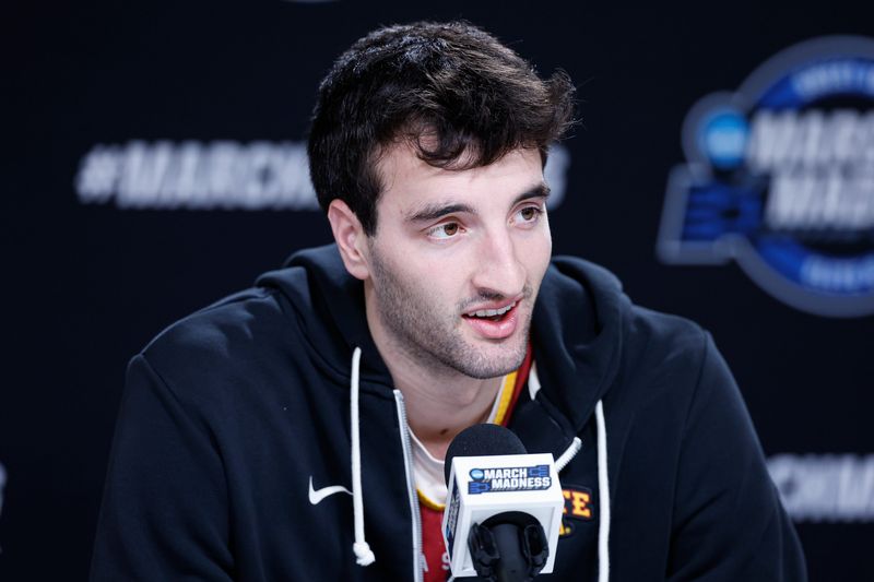 Mar 26, 2026; Chicago, IL, USA; Iowa State Cyclones forward Milan Momcilovic (22) speaks ahead of the Midwest regional of the men's 2026 NCAA Tournament at United Center. Mandatory Credit: Kamil Krzaczynski-Imagn Images