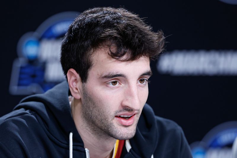Mar 26, 2026; Chicago; Iowa State Cyclones forward Milan Momcilovic (22) speaks ahead of the Midwest regional of the men's 2026 NCAA Tournament at United Center.