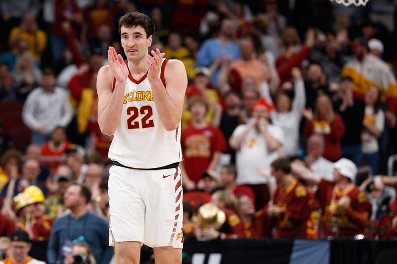 Mar 27, 2026; Chicago, IL, USA; Iowa State Cyclones forward Milan Momcilovic (22) reacts in the first half against the Tennessee Volunteers during a Sweet Sixteen game of the Midwest Regional of the men's 2026 NCAA Tournament at United Center.