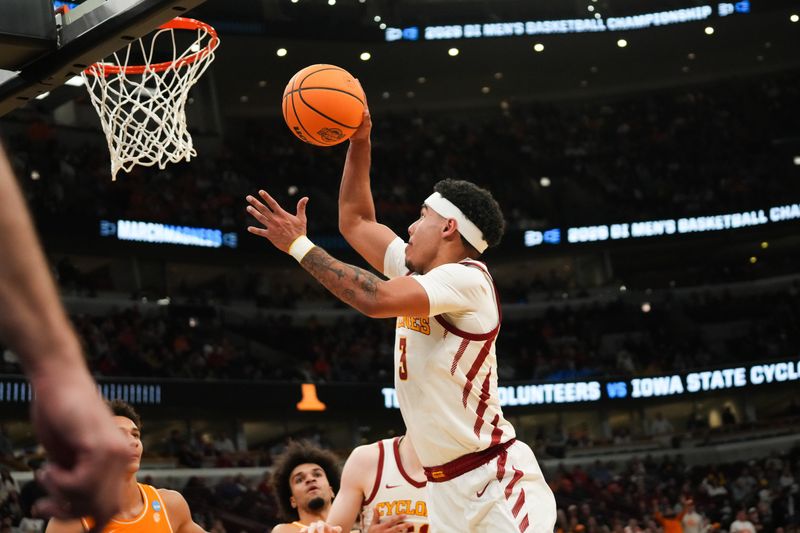 Mar 27, 2026; Chicago, IL, USA; Iowa State Cyclones guard Tamin Lipsey (3) shoots in the second half against the Tennessee Volunteers during a Sweet Sixteen game of the Midwest Regional of the men's 2026 NCAA Tournament at United Center. Mandatory Credit: David Banks-Imagn Images