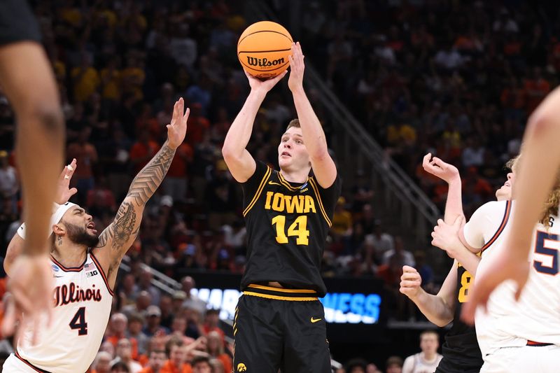 Mar 28, 2026; Houston, TX, USA; Iowa Hawkeyes guard Bennett Stirtz (14) shoots against Illinois Fighting Illini guard Kylan Boswell (4) in the second half during an Elite Eight game of the South Regional of the men's 2026 NCAA Tournament at Toyota Center. Mandatory Credit: Troy Taormina-Imagn Images