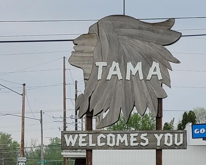 Tama's welcome sign celebrates the town's Native American heritage. The Meskwaki Settlement is nearby.