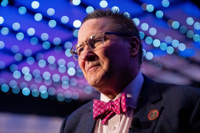 State Rep. Jon Dunwell takes questions from the media before the Iowa Prayer Breakfast on April 2, 2026, at the Community Choice Credit Union Convention Center in Des Moines.