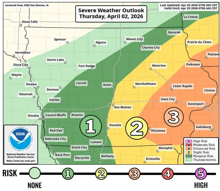 Severe weather outlook in Iowa for Thursday, April 2, 2026.