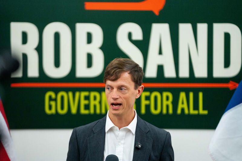 Iowa Democratic gubernatorial candidate Rob Sand holds a press conference to unveil his ‘Accountability for All’ plan on April 2, 2026, in Des Moines.