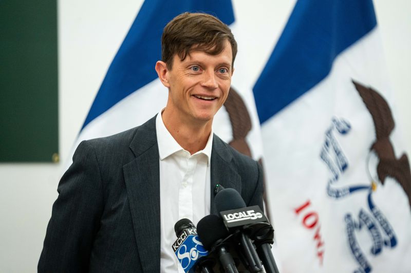 Iowa Democratic gubernatorial candidate Rob Sand holds a press conference to unveil his ‘Accountability for All’ plan on April 2, 2026, in Des Moines.
