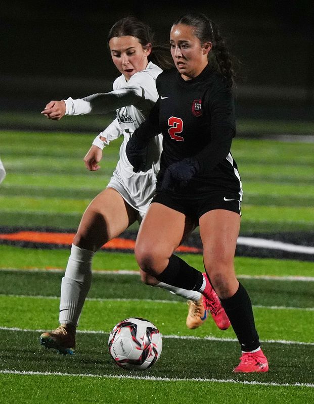 Ames forward Natalie Westort (2) and Pella's Mallory Silvers (7) battle for the ball during the first half of a 1-1 tie between the Little Cyclones and Dutch in high school girls soccer at the Ames High field on April 6 in Ames, Iowa.