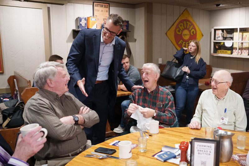 Rep. Randy Feenstra, R-Iowa, greets attendees before speaking to the Westside Conservative Club at the Machine Shed in Urbandale, April 8, 2026.