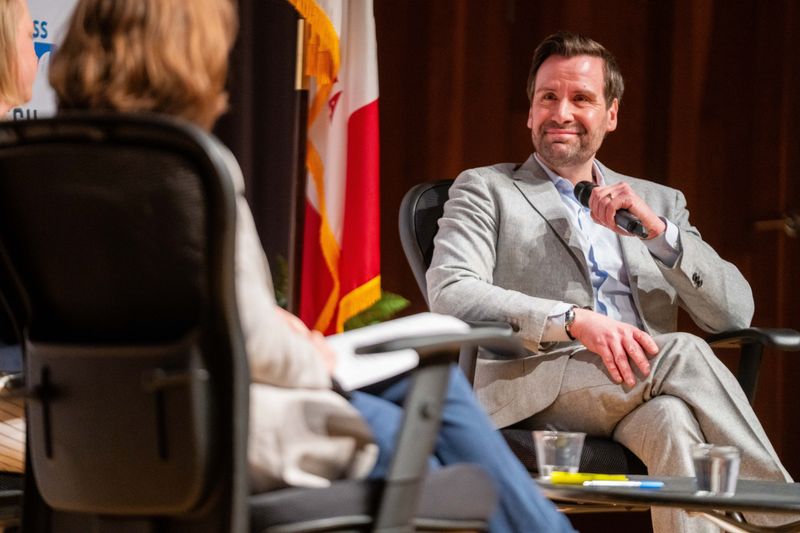 Democratic U.S. Senate candidate and State Rep. Josh Turek speaks to the crowd during a candidate forum hosted by End Citizens United and Progress Iowa on April 8, 2026, at the State Historical Society of Iowa.