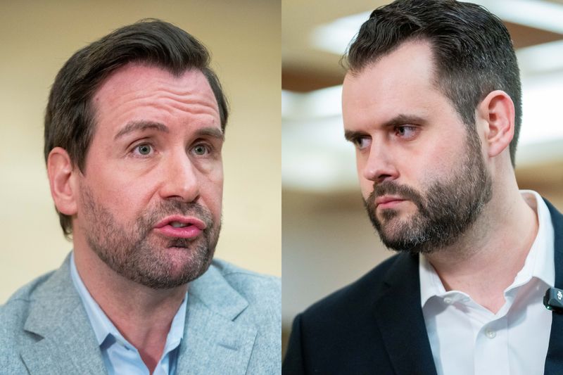 From left: Iowa Democratic U.S. Senate candidates Josh Turek and Zach Wahls at a candidate forum on April 8, 2026, in Des Moines.